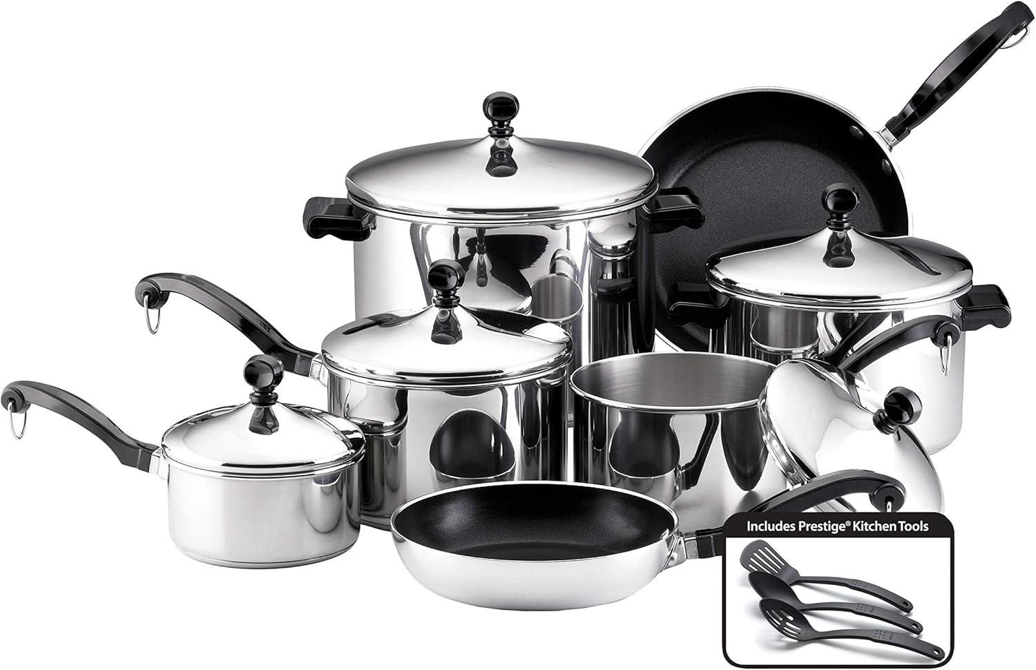 Classicor Invector Cookware Farberware Classic Stainless Steel Cookware Pots and Pans Set, 15-Piece ...